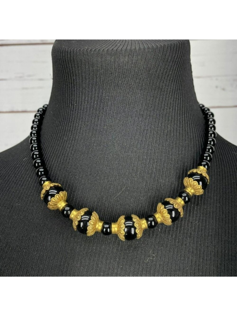 Vintage Black Bead Necklace With Gold Floral Accents Hook Clasp Closure 18 Inche